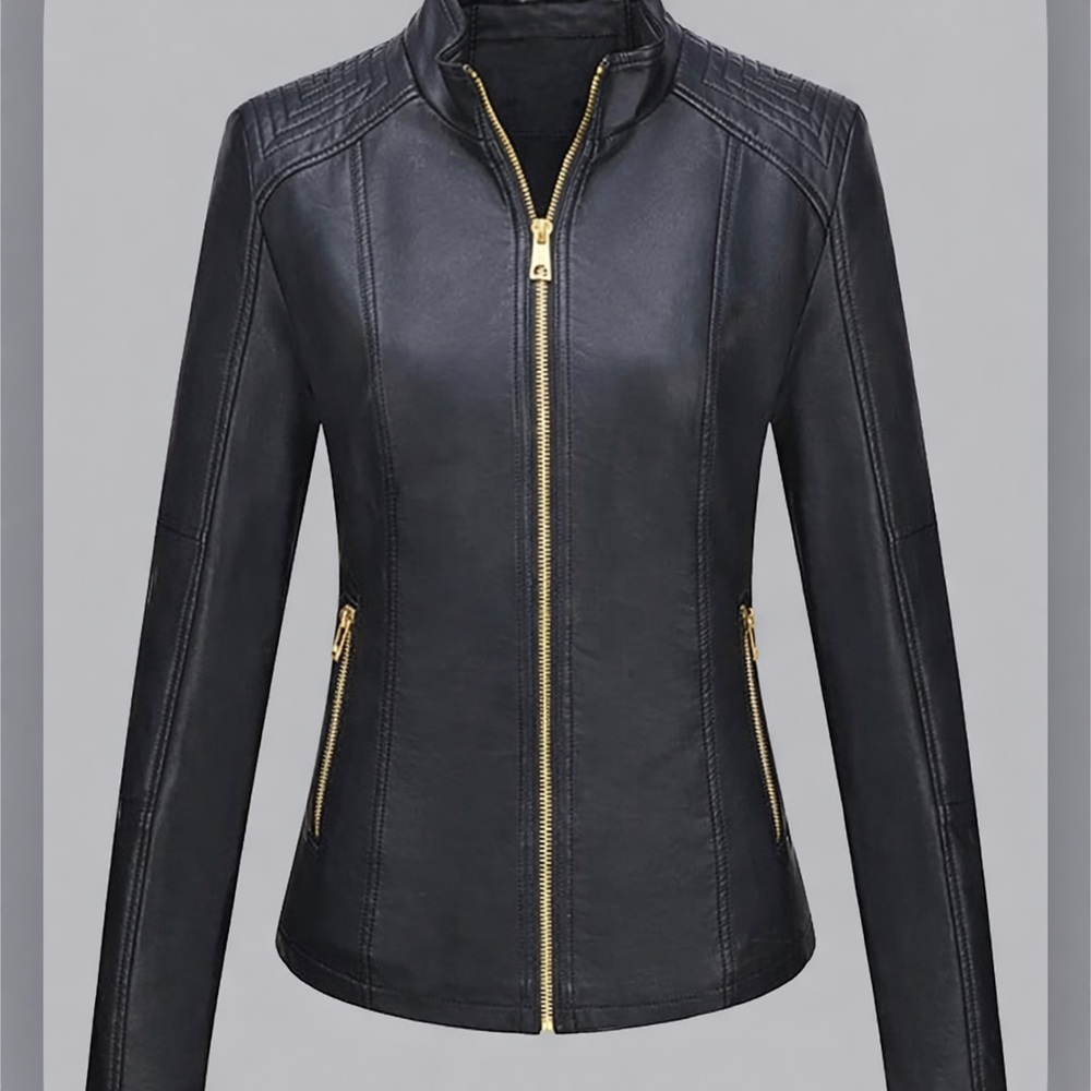 Bellivera Black Faux Leather Moto Jacket Quilted Slim Fit Biker Size S